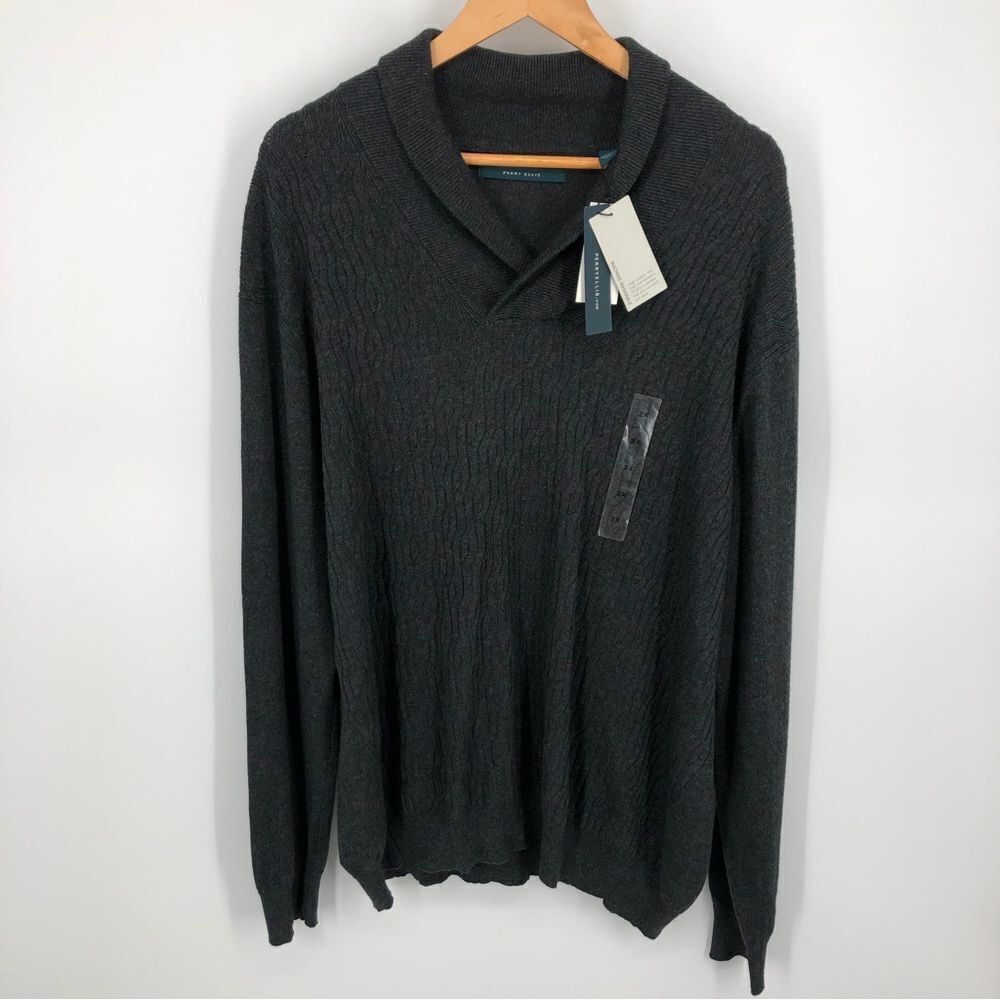 Perry Ellis Sweater Mens‎ 2X Charcoal Gray Shawl Collar Pullover NWT